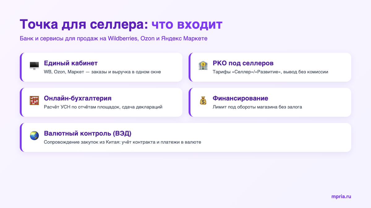 Точка Банк для селлеров: единый кабинет, РКО, онлайн-бухгалтерия, финансирование, ВЭД